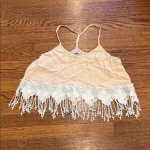 Tobi Light Pink Cropped Silky Cami – Boho Embroidered Fringe – Medium